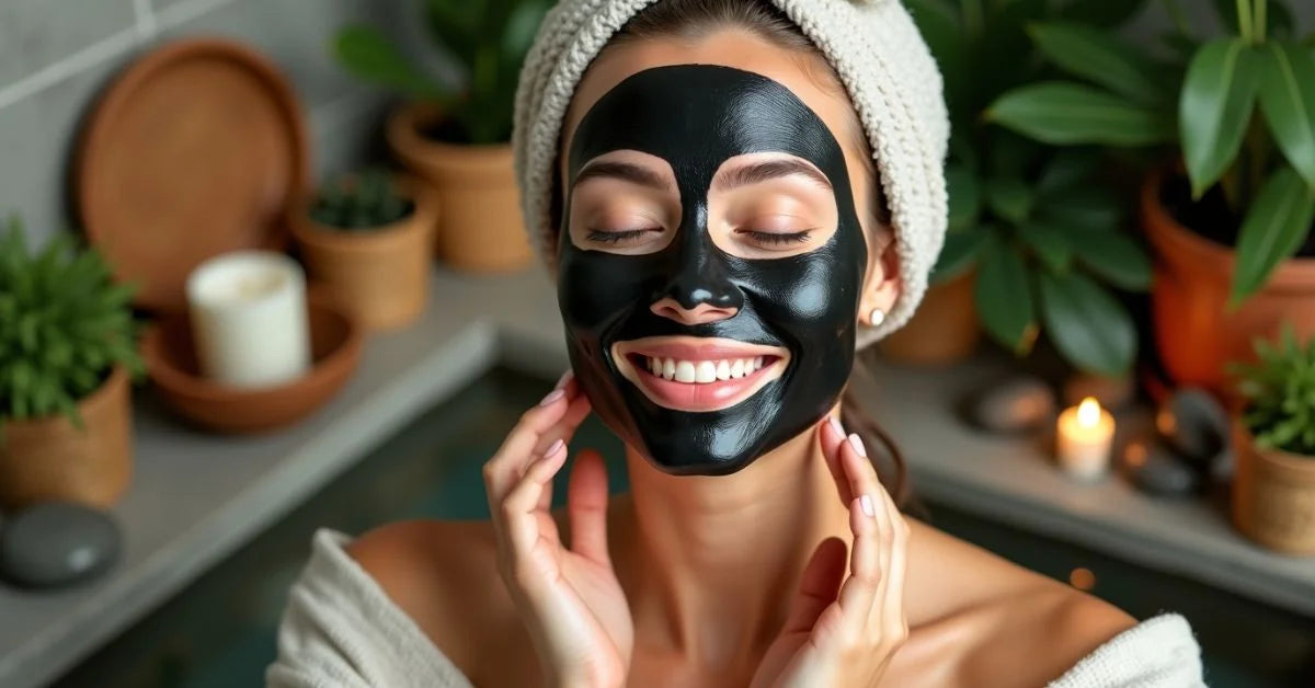 Woman applying charcoal face mask for clear skin benefits Woman applying charcoal face mask for clear skin benefits